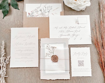 Elegant Wedding Invitation Set with Baby’s Breath, Vellum Belly Band & Wax Seal, Deckled Edge Vintage Gray Style Invite, Ivory QR code RSVP