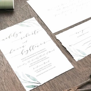 Deckled Edge Wedding Invitation Set, Hand Torn Edges, Torn Edge with Watercolor Greenery, Elegant Romantic, Modern Calligraphy Invite image 2
