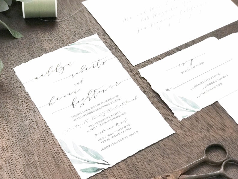 Deckled Edge Wedding Invitation Set, Hand Torn Edges, Torn Edge with Watercolor Greenery, Elegant Romantic, Modern Calligraphy Invite image 2