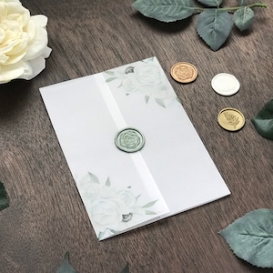White Floral Vellum Jacket with Greenery, Vellum Wrap for 5 x 7 Wedding Invitations, Vellum Paper for DIY Invitations, DIY Invite, Printed