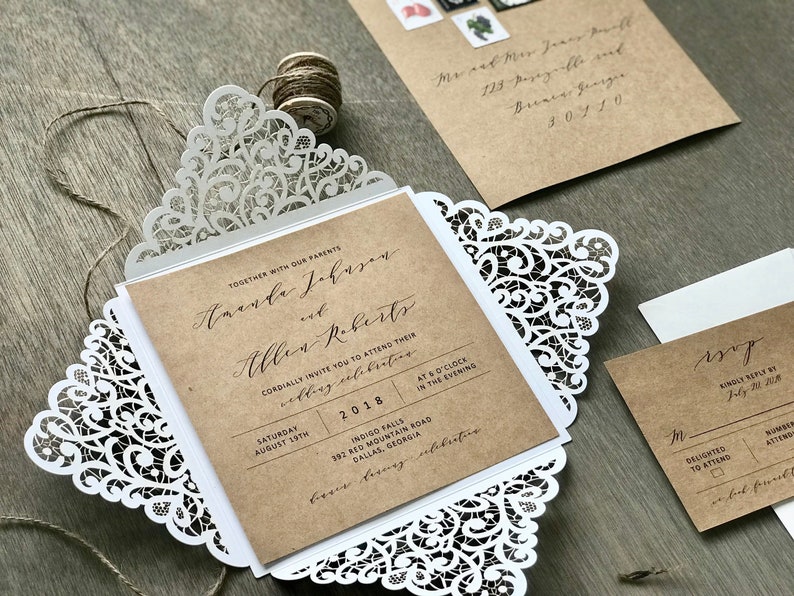 Laser Cut Wedding Invitation Set Rustic Glam Elegant Kraft - Etsy