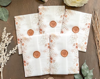 Boho Wildflower Wedding Invitation Set w/ Vellum & Copper Wax Seal, Bohemian Colored Leaves, Rustic Flowers and Greenery