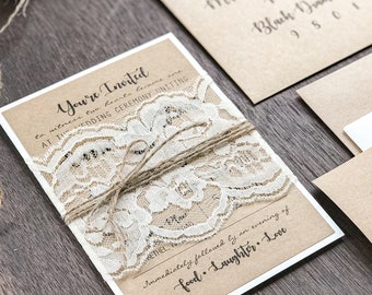 Rustic Lace Wedding Invitation Set printed on Kraft, Vintage Typography, Unique Calligraphy, Rustic Elegant Invite, Country Chic Invites