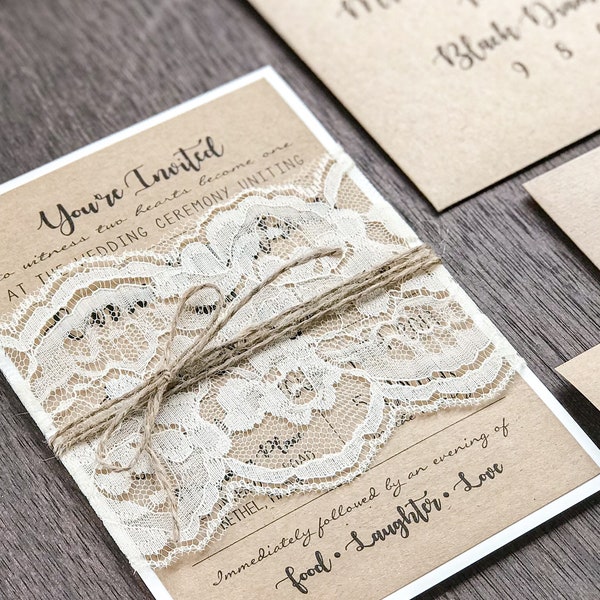 Rustic Lace Wedding Invitation Set printed on Kraft, Vintage Typography, Unique Calligraphy, Rustic Elegant Invite, Country Chic Invites