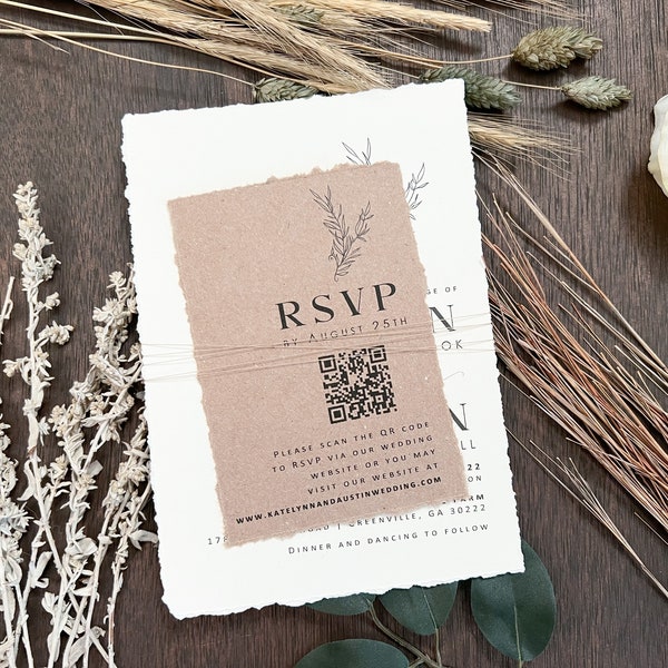 Contemporary Deckled Edge Wedding Invitation Set with QR Code RSVP, Modern Elegant Fonts and Hand Torn Edges. Ivory and Rustic Kraft Invite