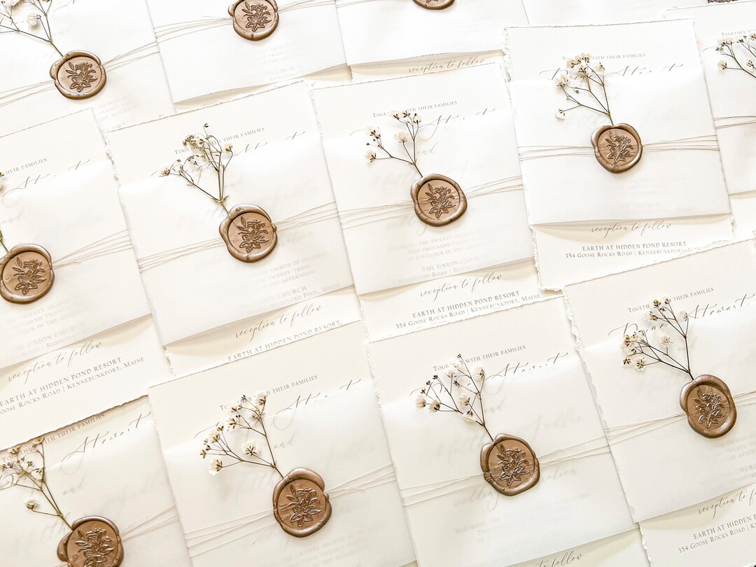 Babys Breath Wedding Invitation Set W/ Deckled Edge, Vellum Belly Band