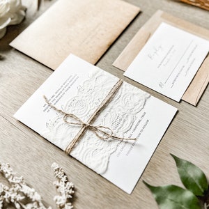 Lace Wedding Invitation Set with Lace Bellyband & Twine Wrap, Modern Elegant Rustic Style Invite, Formal Traditional Classic Wedding Suite image 1