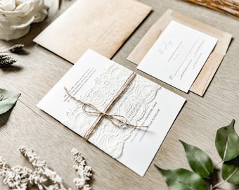 Lace Wedding Invitation Set with Lace Bellyband & Twine Wrap, Modern Elegant Rustic Style Invite, Formal Traditional Classic Wedding Suite