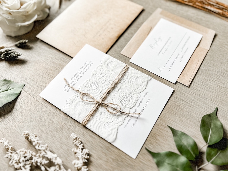 Lace Wedding Invitation Set with Lace Bellyband & Twine Wrap, Modern Elegant Rustic Style Invite, Formal Traditional Classic Wedding Suite image 1