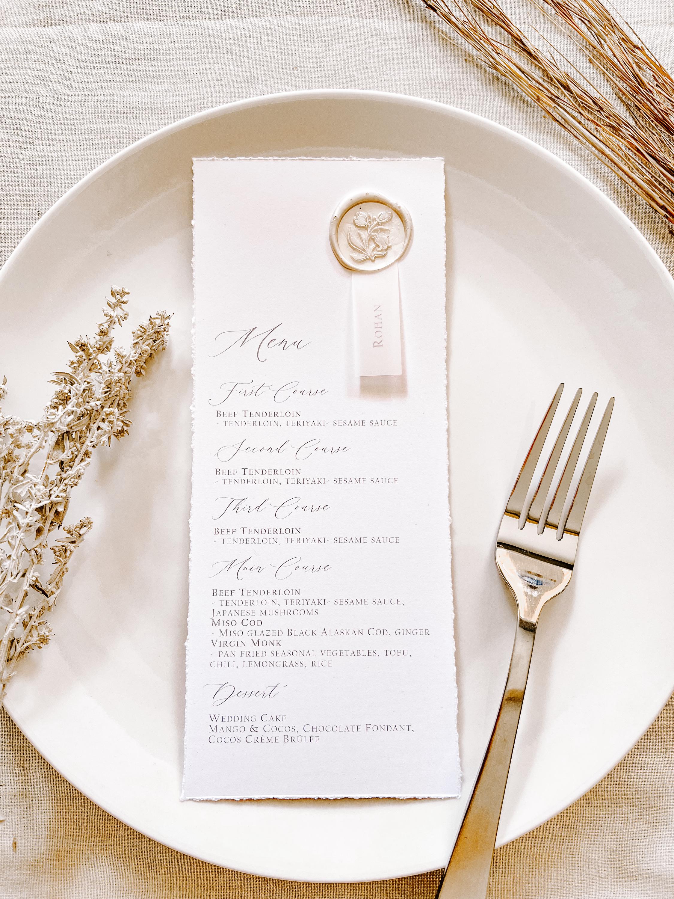 アンティーク　メニュー　MARIAGE Wedding Menu With Vellum Place Card and Wax Seal / Deckled Edge