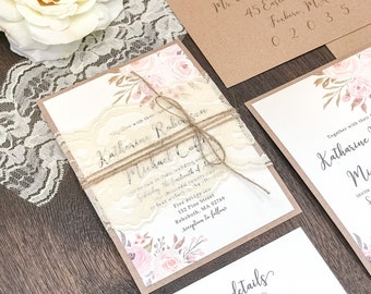 Rustic Blush and Neutral Fall Wedding Invitation set w/ Ivory Lace Bellyband & Twine, Bohemian Floral, Boho Country Chic, Barn Invite