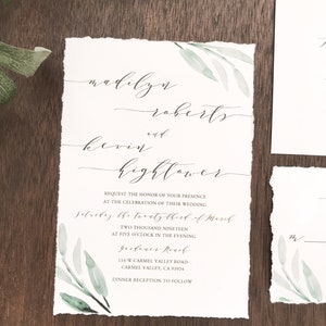 Deckled Edge Wedding Invitation Set, Hand Torn Edges, Torn Edge with Watercolor Greenery, Elegant Romantic, Modern Calligraphy Invite image 1