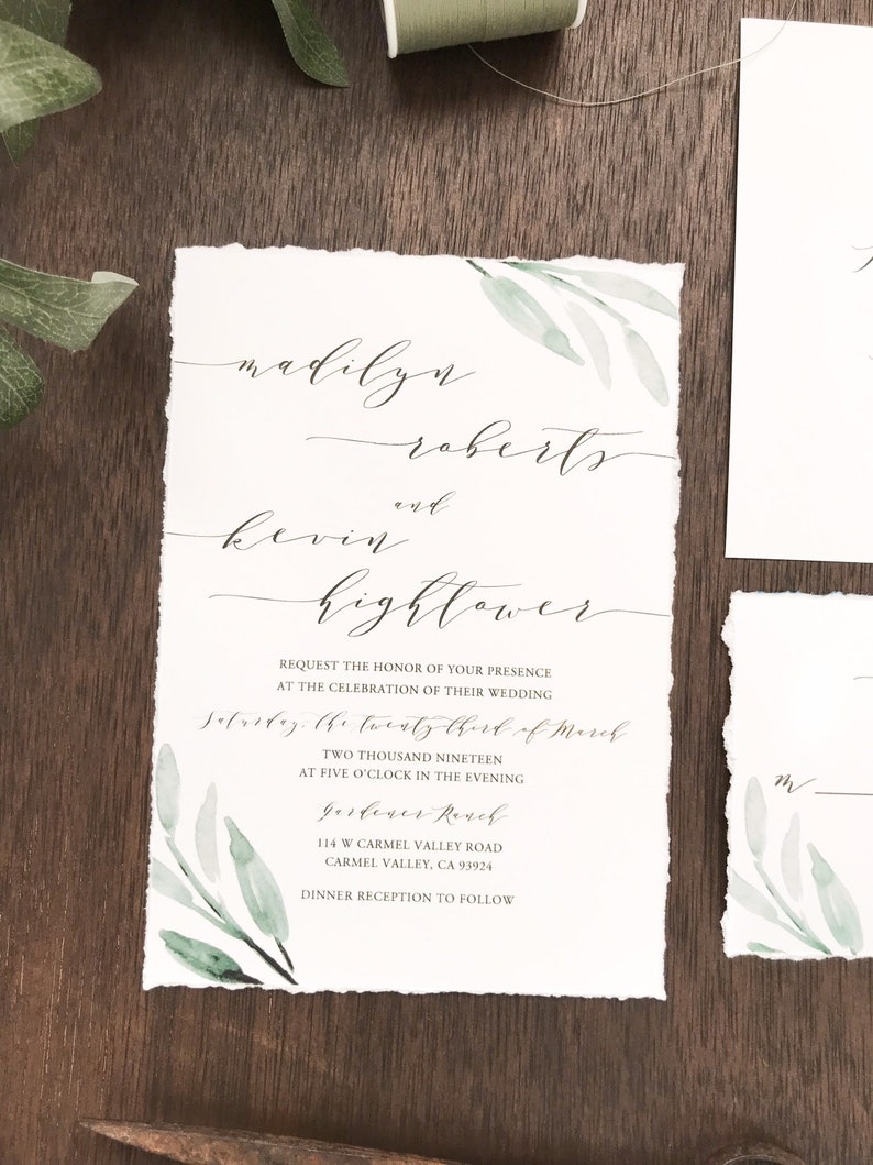 Deckled Edge Wedding Invitation Set, Hand Torn Edges, Torn Edge with Watercolor Greenery, Elegant Romantic, Modern Calligraphy Invite image 1