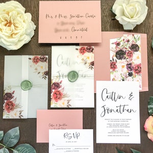 Burgundy Plum Blush Wedding Invitation Set with Wax Seal, Printed on Vellum Wrap w Watercolor Florals, Elegant Bohemian Invite, Summer Fall image 1