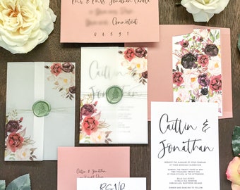 Burgundy Plum Blush Wedding Invitation Set with Wax Seal, Printed on Vellum Wrap w Watercolor Florals, Elegant Bohemian Invite, Summer Fall
