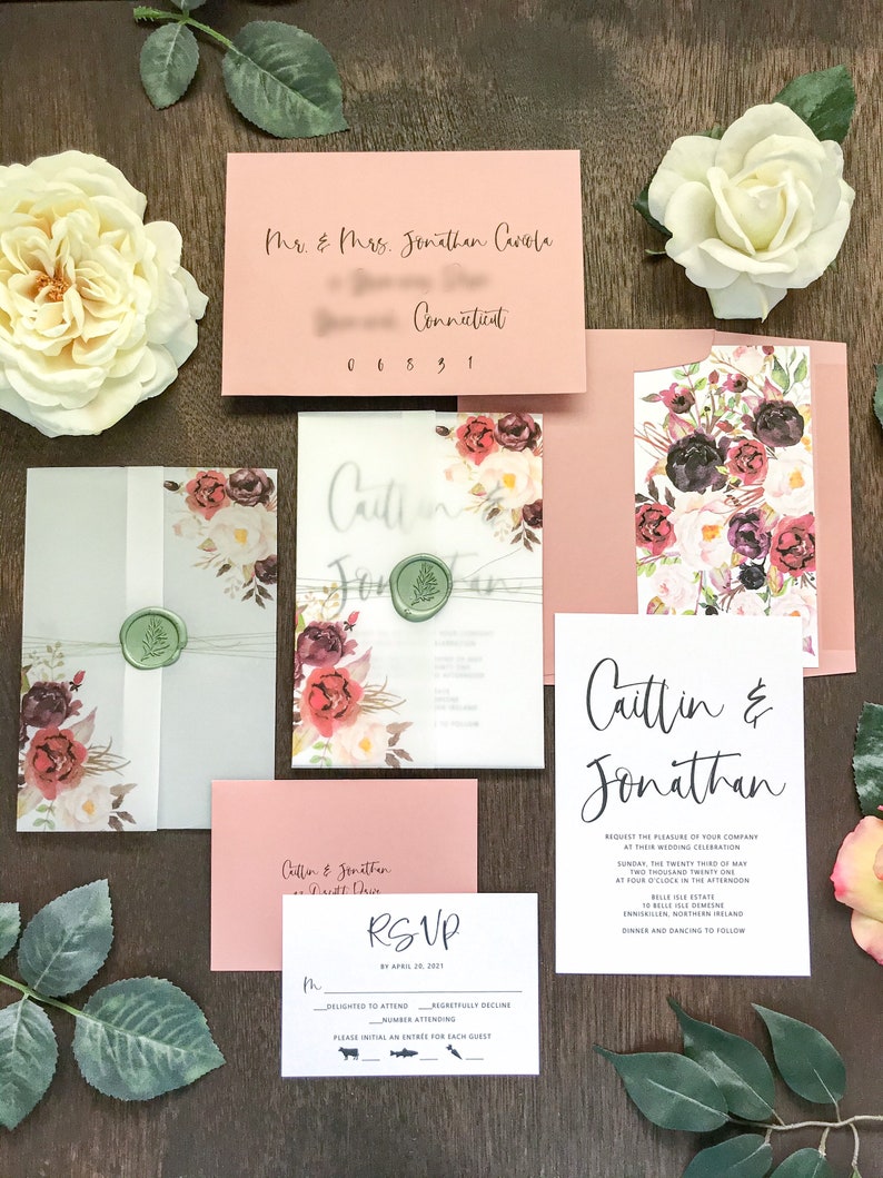 Burgundy Plum Blush Wedding Invitation Set with Wax Seal, Printed on Vellum Wrap w Watercolor Florals, Elegant Bohemian Invite, Summer Fall image 1