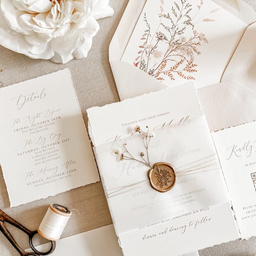 Elegant Baby’s Breath Wedding Invitation Suite w/ Deckled Edge, Vellum & Wax Seal, Traditional Timeless Luxury Invite