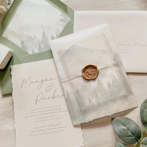 Mountain Wedding Invitation Suite with Forest Vellum Wrap, Khaki Thread and Antique Gold Wax Seal – Deckled Edge Neutral Wedding Invite