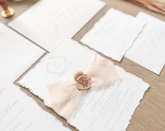 Elegant Natural Wedding Invitation Set, Deckled Edge, Vintage Antique Gold Wax Seal, Chiffon Ribbon, Traditional Printed Modern Invite