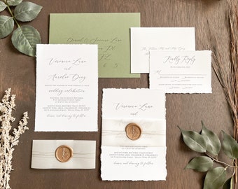 Simple Deckled Edge Wedding Invitation, Printed on White w/ Vellum Belly Band, Green Thread & Antique Gold Wax Seal, Minimal Elegant Invite