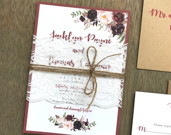 Rustic Wedding Invitation Set, Burgundy Wedding Invitation, Fall Wedding Invitation, Lace Wedding Invitation, Blush Wedding invites