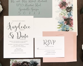 Navy Dusty Blue Blush & Burgundy Wedding Invitation Set with Greenery, Florals Printed on Vellum Bellyband Wrap, Elegant Watercolor Invite