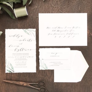 Deckled Edge Wedding Invitation Set, Hand Torn Edges, Torn Edge with Watercolor Greenery, Elegant Romantic, Modern Calligraphy Invite image 3