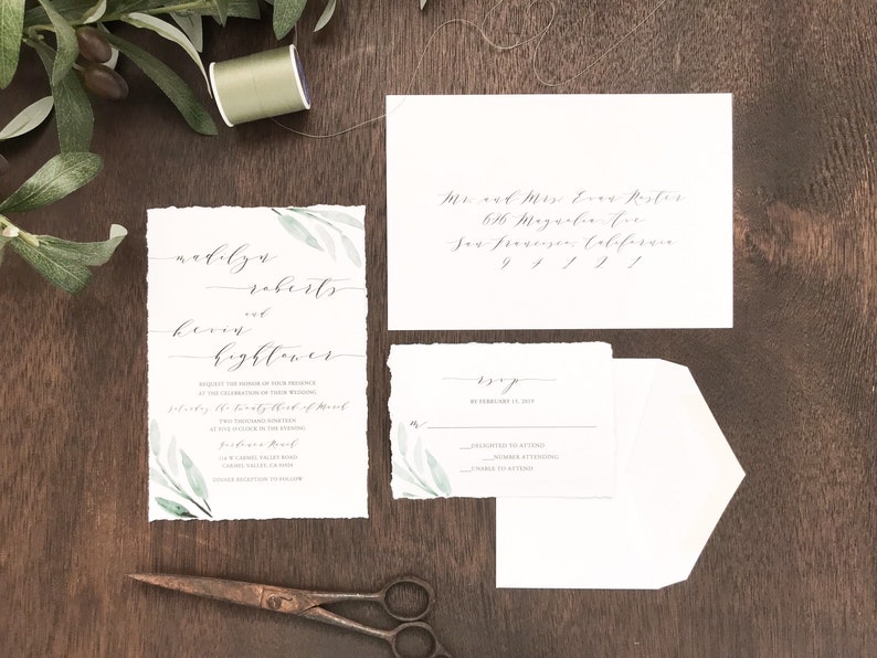 Deckled Edge Wedding Invitation Set, Hand Torn Edges, Torn Edge with Watercolor Greenery, Elegant Romantic, Modern Calligraphy Invite image 3