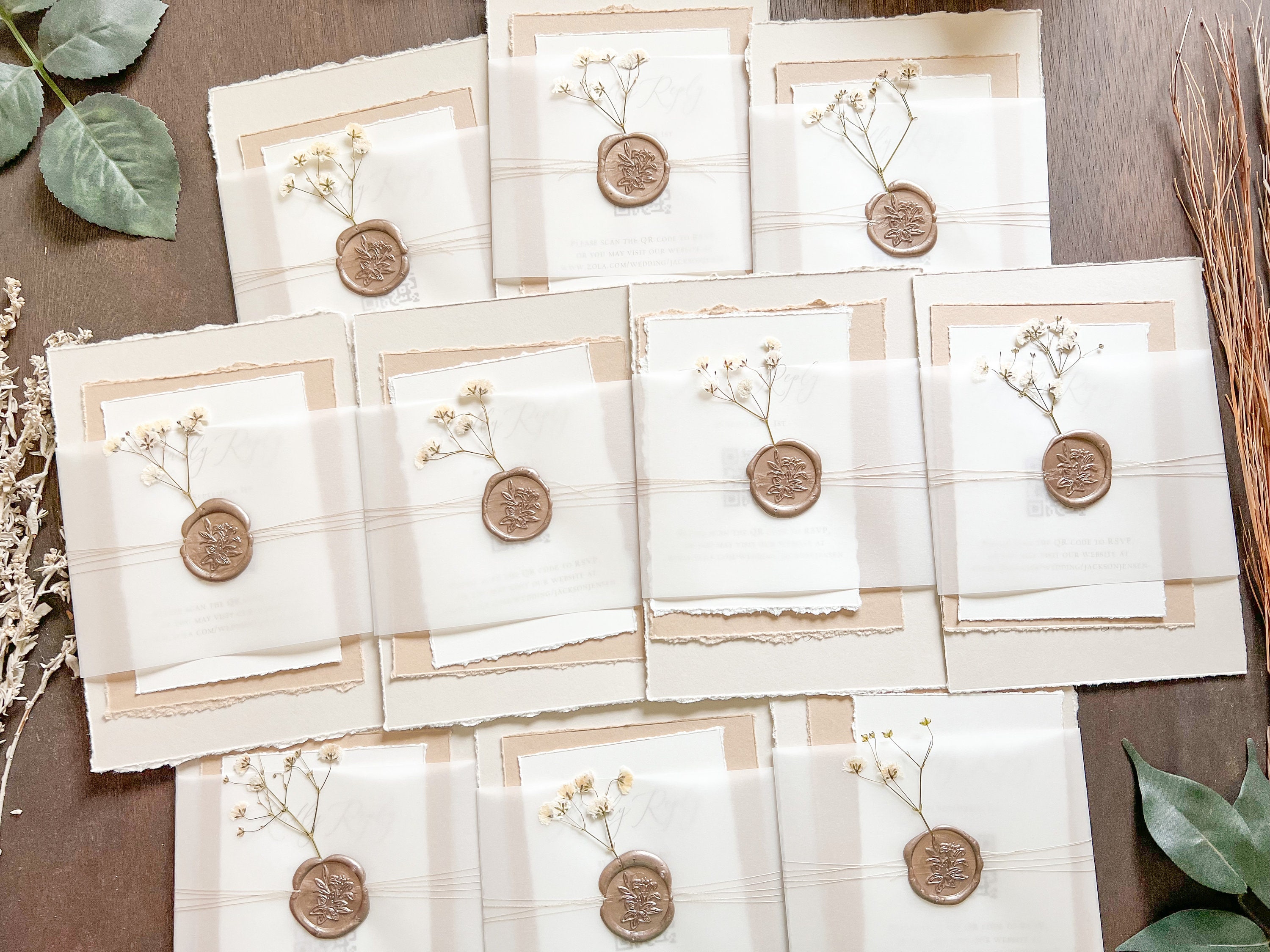 Elegant Wedding Invitation Set w/ Baby’s Breath, Vellum Bellyband & Wax Seal, Deckled Edge Vintage Formal Rustic Style Invite, QR code RSVP