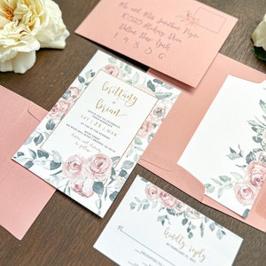 Dusty Rose Floral Wedding Invitation Set With Elegant Watercolor Blush