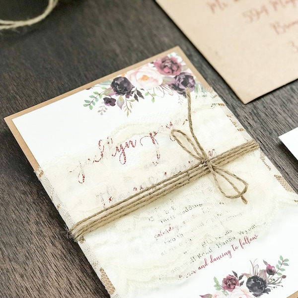 Rustic Burgundy Plum & Blush Floral Wedding Invitation Set Wrapped in Lace and Twine, Printed on Ivory with Kraft Backing, Bohemian Invite