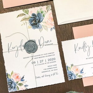 Blush Pink and Navy Blue Deckled Edge Wedding Invitation Set with Dusty Blue Wax Seal & Watercolor Florals, Elegant Modern Romantic Invite