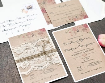 Rustic Wedding Invitation Set with Ivory Lace and Boho Blush Pink Florals, Printed on Kraft, Elegant Watercolor Peonies Flowers Invite