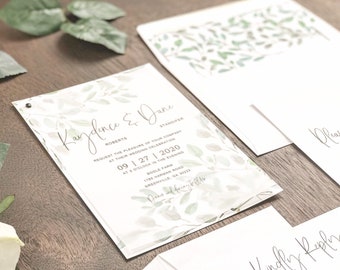Watercolor Wedding Invitation Set with Vellum & Greenery, Elegant Wedding Invite, Botanical, Industrial, Modern, Garden, Winter, Simple