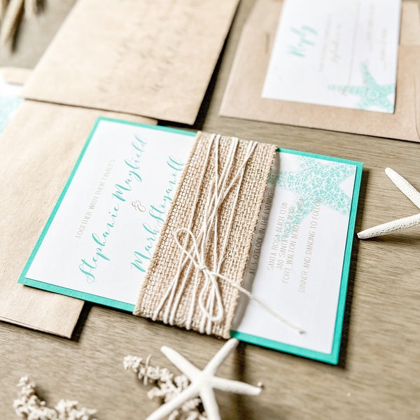 Beach Wedding Invitation with Aqua Starfish Burlap Wrap & White Cord Twine. Destination Hawaii Bahamas Invite. Coastal Caribbean Ocean