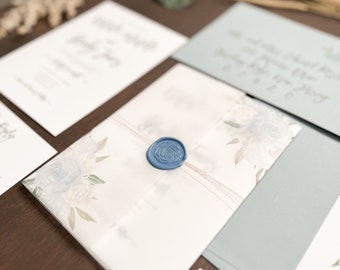Dusty Blue Wedding Invitation Set with Vellum Wrap and Wax Seal, Watercolor Florals & Eucalyptus Greenery, Bohemian Invite, Printed Vellum