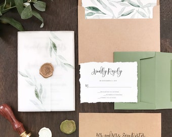 Vellum Wedding Invitation Set with Wax Seal, Rustic Elegant Greenery, Deckled Edge, Hand Torn, Rough Edge, Torn Edge, Calligrapghy, Vintage