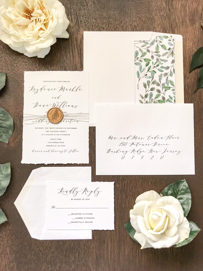Simple Deckled Edge Wedding Invitation Set With Wax Seal Wrap - Etsy