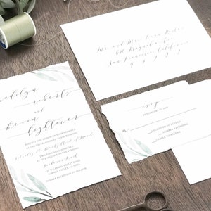 Deckled Edge Wedding Invitation Set, Hand Torn Edges, Torn Edge with Watercolor Greenery, Elegant Romantic, Modern Calligraphy Invite image 4