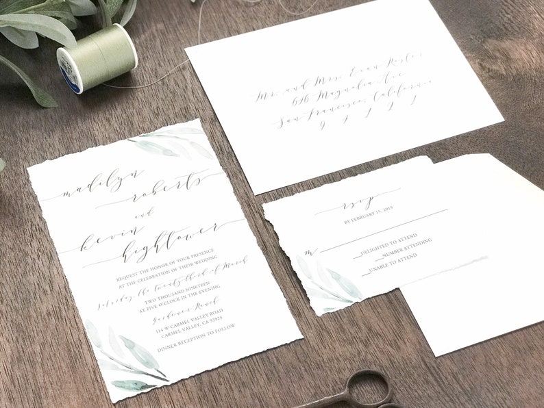 Deckled Edge Wedding Invitation Set, Hand Torn Edges, Torn Edge with Watercolor Greenery, Elegant Romantic, Modern Calligraphy Invite image 4