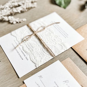 Lace Wedding Invitation Set with Lace Bellyband & Twine Wrap, Modern Elegant Rustic Style Invite, Formal Traditional Classic Wedding Suite image 5