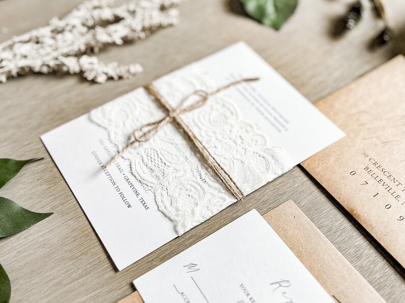 Lace Wedding Invitation Set with Lace Bellyband & Twine Wrap, Modern Elegant Rustic Style Invite, Formal Traditional Classic Wedding Suite image 5
