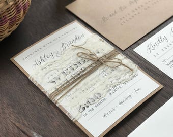 Rustic Elegant Wedding Invitation Set with Ivory Lace and Twine Wrap, Vintage Chic Typography Style Invite for Country Barn or Farm Wedding
