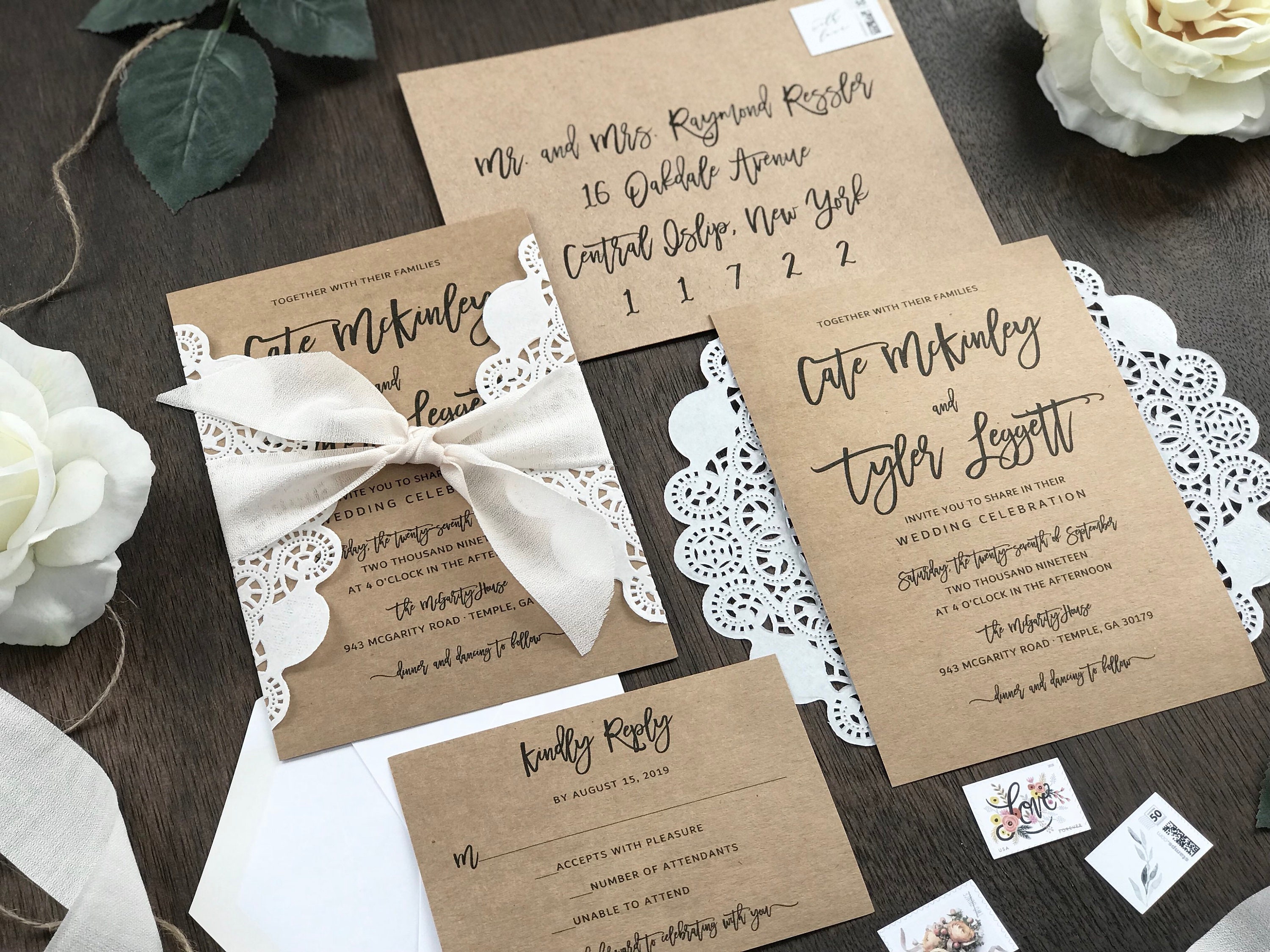 Rustic Laser Cut Wedding Invitation Set with Ribbon / Rustic | Etsy