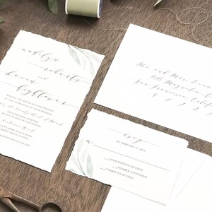 Deckled Edge Wedding Invitation Set, Hand Torn Edges, Torn Edge with Watercolor Greenery, Elegant Romantic, Modern Calligraphy Invite image 6