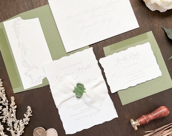 Elegant Deckled Edge Wedding Invitation Set w/ Green Wax Seal & White Chiffon Ribbon, Printed on White, Vintage Formal Garden Wedding Invite