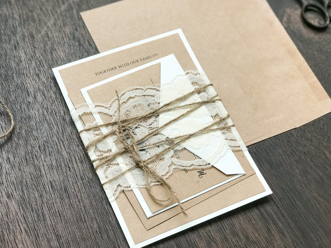 Rustic Elegant Wedding Invitation Set With Vintage Ivory Lace, Printed on Kraft and Wrapped in