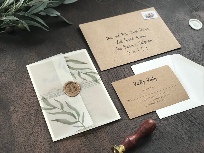 Vellum Gate fold Wedding Invitation Set with Wax Seal Rustic Etsy