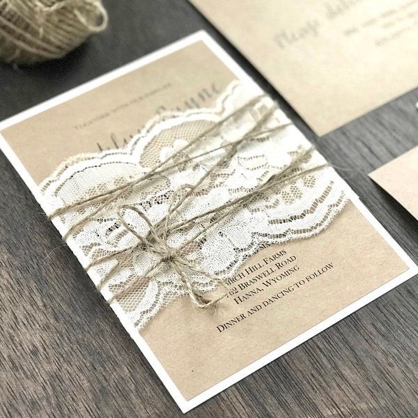 Rustic Vintage Wedding Invitation Set with Elegant Ivory Lace and Twine Wrap. Printed on Kraft with Ivory Backer and Calligraphy