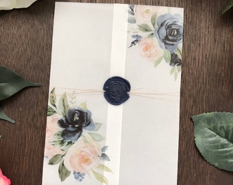 Blush and Navy Floral Vellum Jacket, Vellum Wrap for 5 x 7 Wedding Invitations, Vellum Paper for DIY Invitations, DIY Invite, Printed Vellum